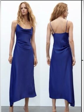 ZARA Satin Effect Indigo Slip Midi Dress Size L Asymmetrical Hem Cowl Neck